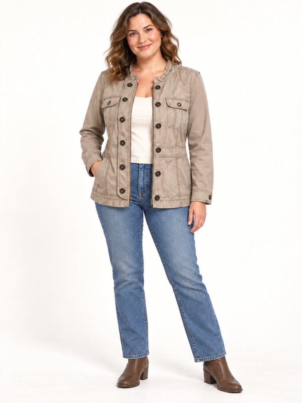 Decree Cottage Core Y2K Western Boho Utility Tan Jacket  Snaps Ruffles & Lace XL